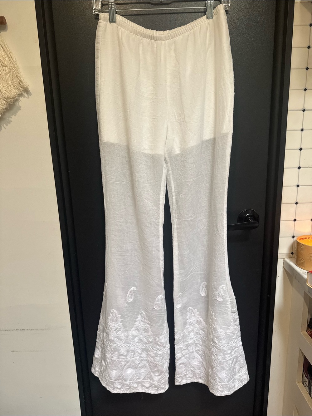 White Floral Embroidered Soft Flared Wide Leg Pants Beach Luxury Resort Vacation